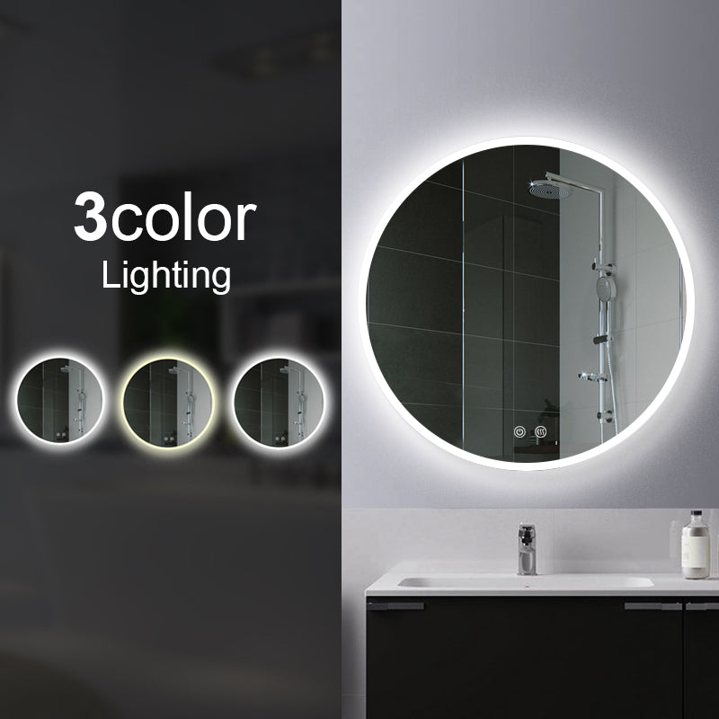 750mm Round 3 Color Lighting Acrylic LED Mirror Touch Sensor Switch Defogger Pad Wall Mounted - Lighting on the rim
