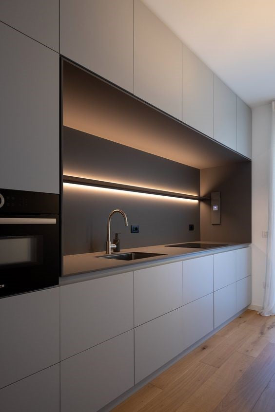 modern, dark Kitchen design with brushed Nickel Tapware