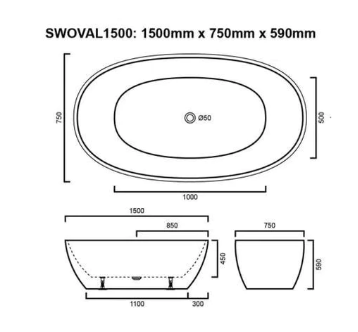1500x750x590mm Oval Bathtub Freestanding Acrylic Gloss White Bath tub NO Overflow