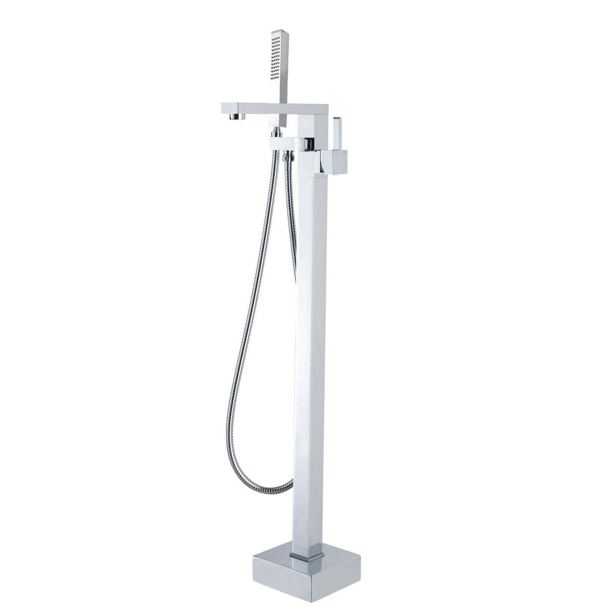 Square Chrome Freestanding Bath Mixer With Handheld Shower