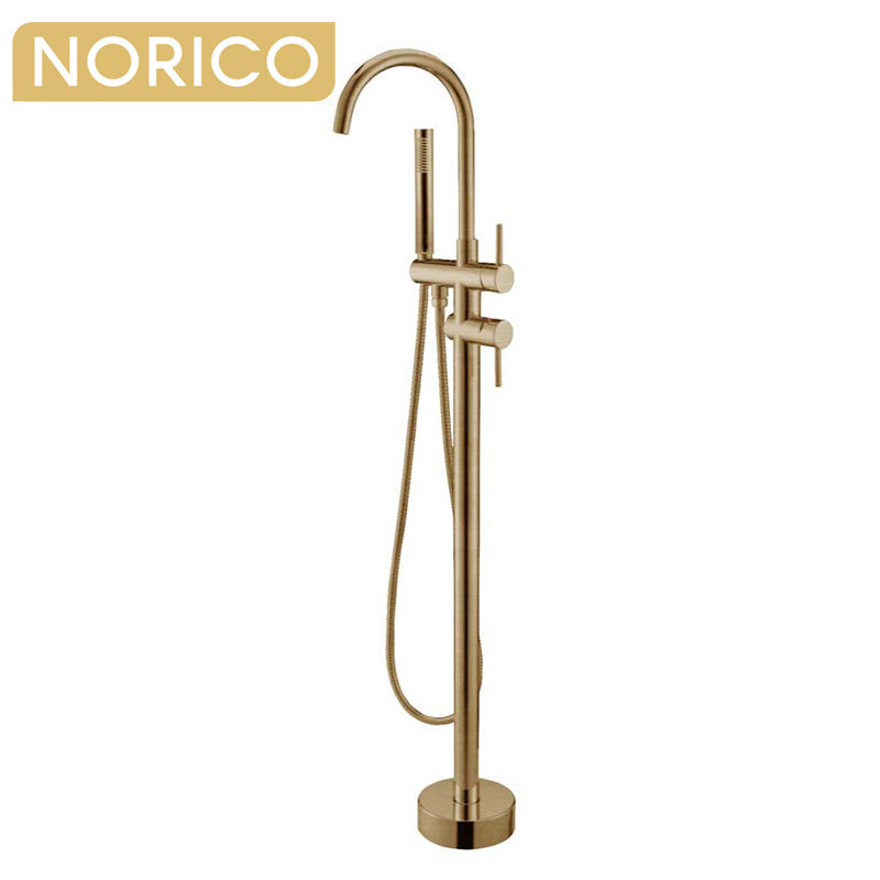 Pentro Round Brushed Yellow Gold Freestanding Bath Mixer With Hand held Shower